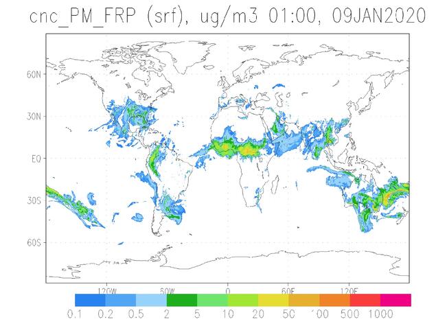Maastopaloista syntyneiden savujen hiukkaspitoisuudet 9.1.2020. Maailman terveysjärjestö WHO:n suositukset ylitetään useilla mantereilla.