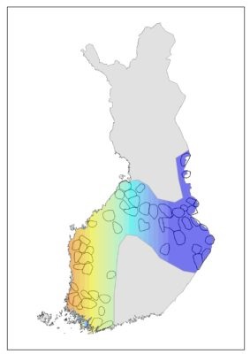 Ympyrät = maaliskuun 2020 kanta-arvion tunnetut pari- ja laumareviirit, Oranssi väri = vapaaehtoiskeräys tuottaa näytteitä, Sininen = vapaaehtoiskeräys käynnistetään tänä vuonna.