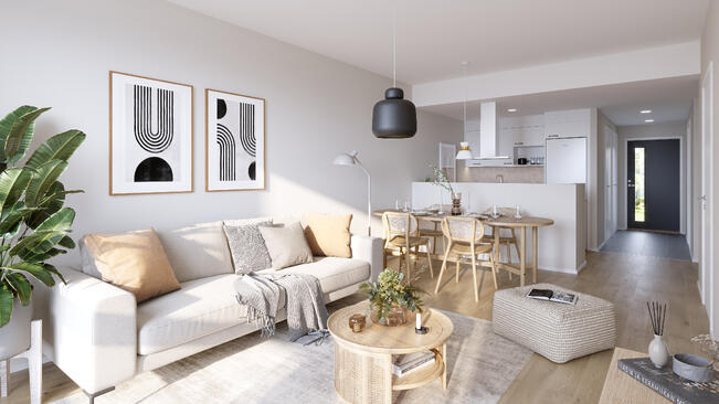 Lehtokertun sisustuksen sävyksi voi valita Aamukasteen, jolloin kaikissa seinissä maalin sävynä on Tikkurilan Batisti, G487.