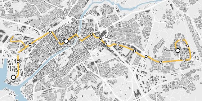 Raitiotien reitti vie Varissuolta satamaan.