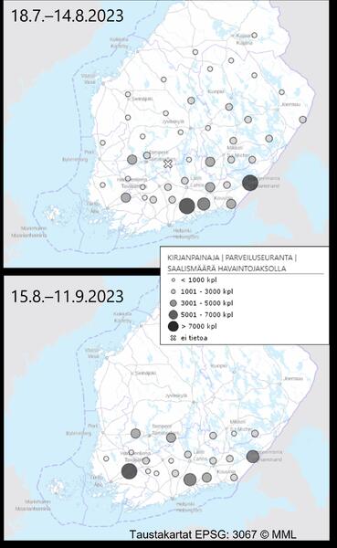 Kirjapainajan 22:n eteläisimmän seurantapaikan parveilun määrä loppukesällä 17.7.–14.8. ja syksyllä 15.8.–11.9.