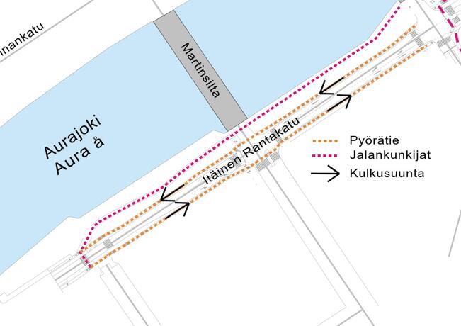 Itäisen Rantakadun pyöräteiden liikennejärjestelyt Sotalaistenkadun osuudella.