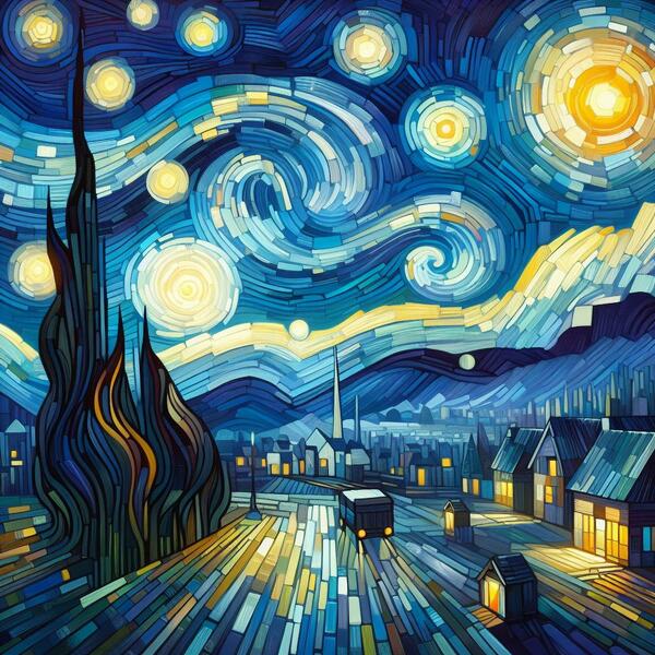 Tällainen tekoälytaideteos syntyi Microsoft Copilotilla aihesanoilla "tähtikirkas yömaisema, kubistiseen tyyliin maalattuna". 