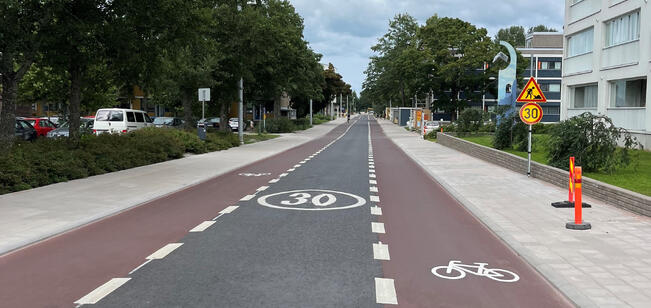 Tien reunoilla on yksisuuntaiset pyöräkaistat, johon autot siirtyvät, kun väistävät vastaantulevaa liikennettä.  