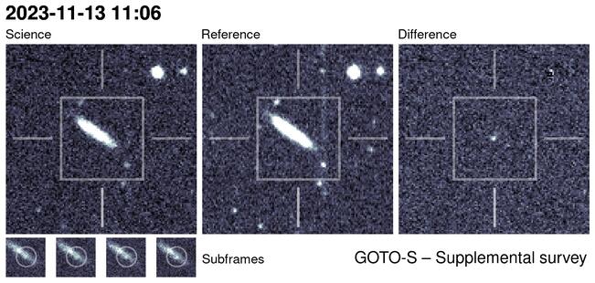 Kilonova Seekers -projektin aineisto AT2023xqy. Vapaaehtoiset tunnistivat tämän kohteen ja raportoivat siitä kolme tuntia ja 20 minuuttia sen jälkeen, kun GOTO-teleskoopit olivat tehneet havainnon. 

