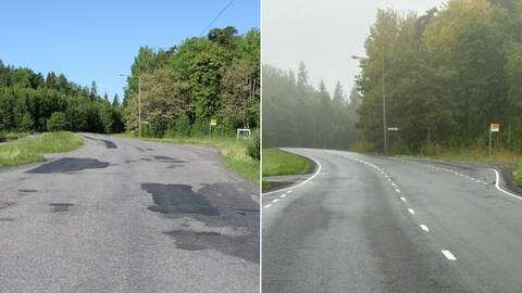 Tie 12157 Hirvensalossa ennen ja jälkeen päällystystöiden. 
