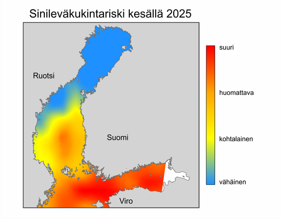 Kesäkuun alussa Syken julkaisema mallinnukseen perustuva avomerialueiden sinileväkukintojen riskiarvio. Kartalla valkoisilta alueilta puuttuvat talven ravinnetiedot, eikä niille ole tehty leväriskiarvioita.