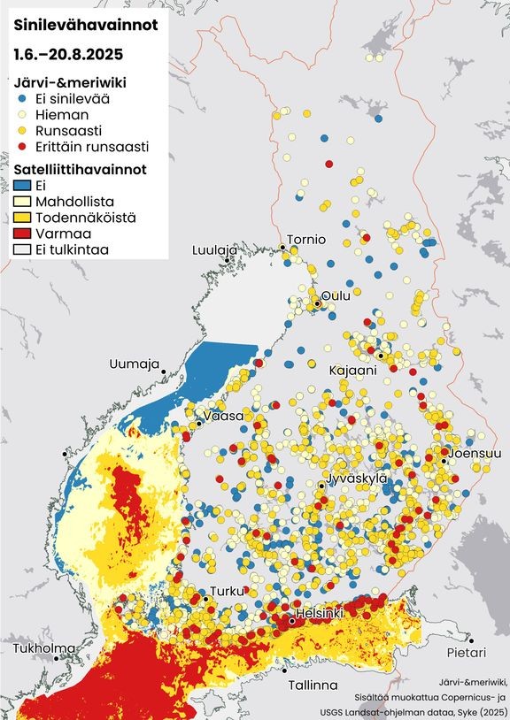 Yhteenveto kes&#228;-elokuun aikana J&#228;rvi-meriwikiin ja Vesi.fi-palveluun tallennetuista sinilev&#228;havainnoista ja avomerialueiden satelliittihavaintojen perusteella tulkituista kes&#228;kauden pintalev&#228;alueista.