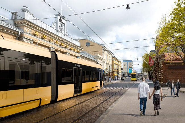 Havainnekuva raitiovaunusta Eerikinkadulla.
