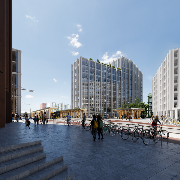 Vipusenaukion paviljonki ja pysäkkikatokset osana kaupunkiympäristöä. 
