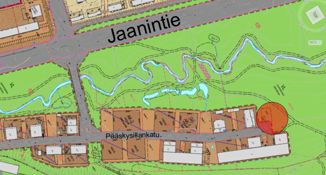 Suunnittelualue punaisella ajantasa-asemakaavakartalla.