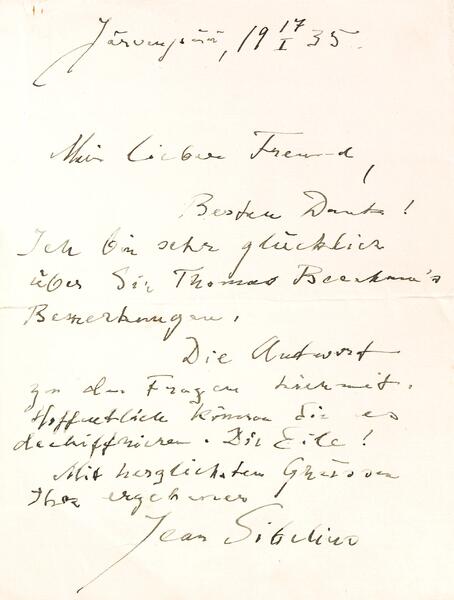 Jean Sibeliuksen kirje EMIn levytuottaja Walter Leggelle 17.1.1935.