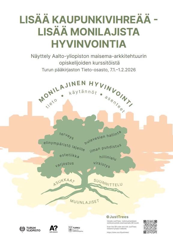 Kurssi ja näyttely liittyvät Turun kaupunkitutkimusohjelman JustTrees-hankkeeseen, jossa tutkitaan monilajista hyvinvointia. 