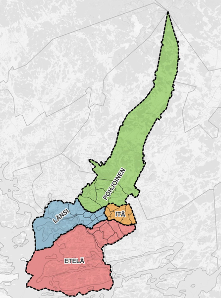 Aluemallissa kaupunki on jaettu eteläiseen, pohjoiseen, itäiseen ja läntiseen alueeseen.