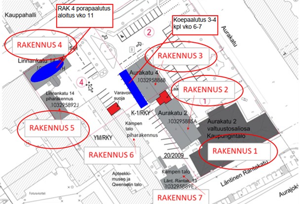 Kayupungintalon korttelin paalutuskartta ja aikataulu.
