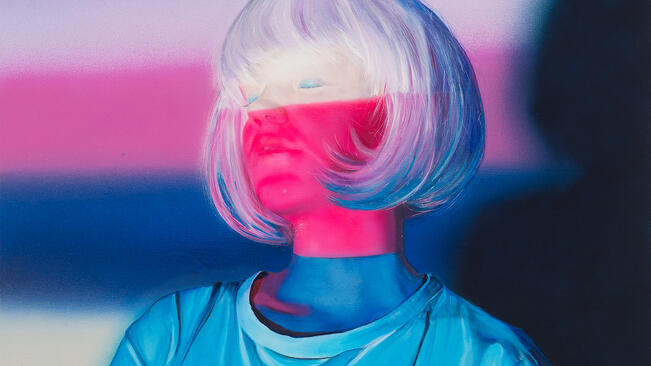 Yksityiskohta Roope Itälinnan teoksesta Peaktime, 2024, öljy ja akryyli levylle, 80×60 cm.