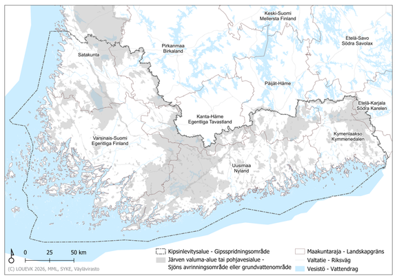 Kipsinlevitysalue vuonna 2026.
