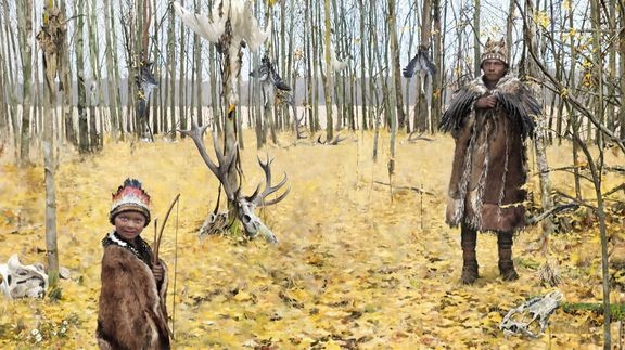 Taiteilijan näkemys Skateholmin hautasaaresta. Etualalla on poika, jonka haudasta löytyi hirvieläimen karva sekä mahdollisesti tikan sulan fragmentti.  
