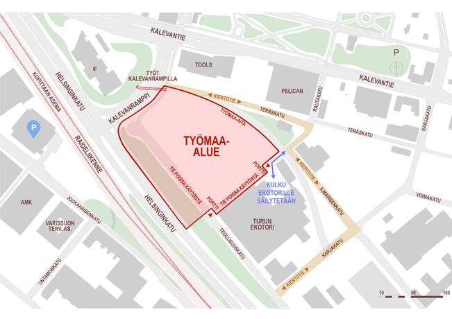 Kupittaan kärjen työmaajärjestelyt.