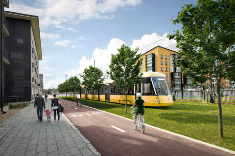 Tältä näyttää raitiotie Kirstinpuistossa Turun Raitiotieallianssin havainnekuvassa.