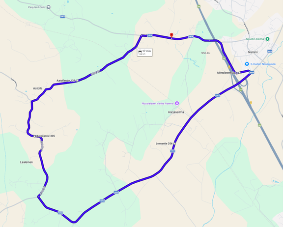 Liikenne ohjataan viitoitetulle kiertotielle maantien 12396 (Aatoilantie), maantien 1912 (Lemuntie) ja maantien 1914 (Mietoistentie/kuja) kautta. 