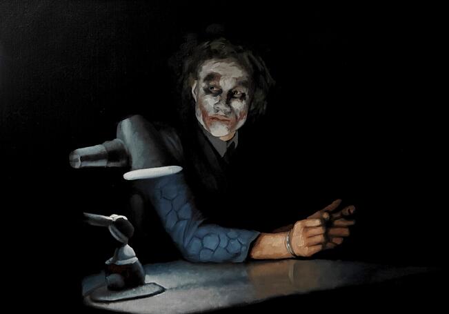 Oskari Myllymäki, Interrogation of the Joker, 2025, öljymaalaus.