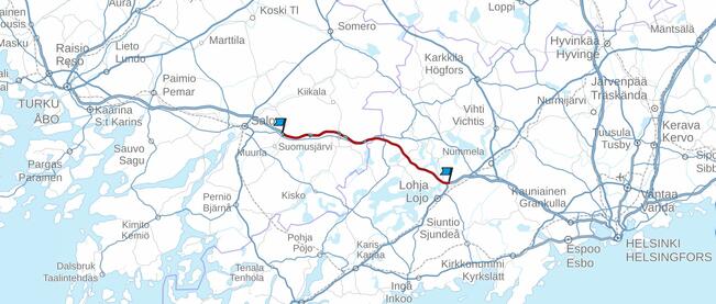 E18 Muurla–Lohja tietyön vaikutusalue.