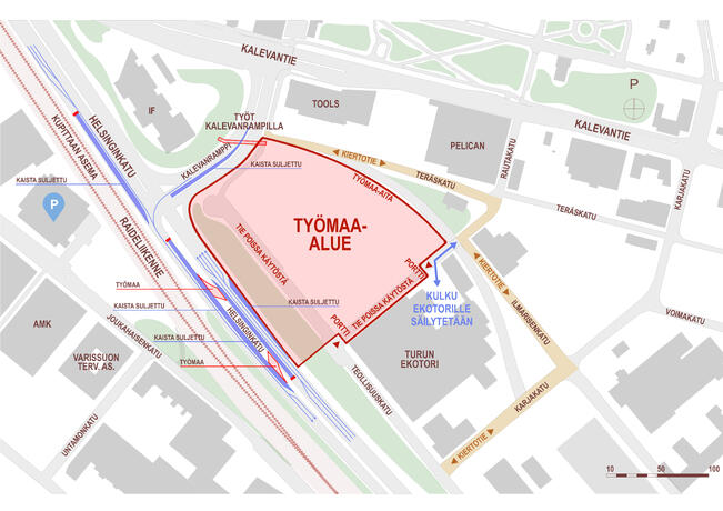 Kupittaan kärjen työmaajärjestelyt Helsinginkadulla ja Kalevanrampilla. 