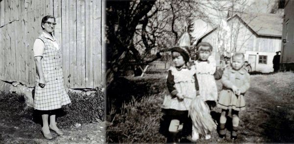 Kotiompelijatar Hilja Rindell (vas.) ja siskoset Paula, Pirkko ja Riitta isoäidin tekemissä vaatteissa.	 
