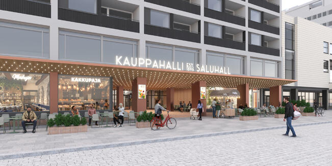 Havainnekuvassa väliaikaisen kauppahallin sisäänkäynti Kauppiaskadulta. 