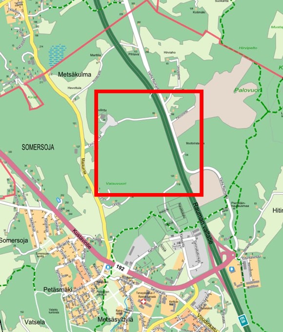 Raision datakeskusta kaavaillaan punaisen neliön alueelle. 