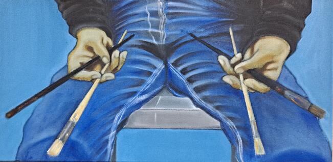 Minna Poikonen, Postponed, 2024, vesiohenteiset öljyvärit, 27 x 56 cm.